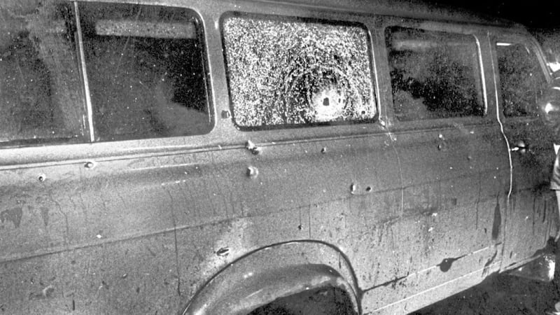 The bullet-riddled minibus at the scene of the massacre of 10 Protestant workman in a massacre at Kingsmill, Co Armagh, in January 1976. 