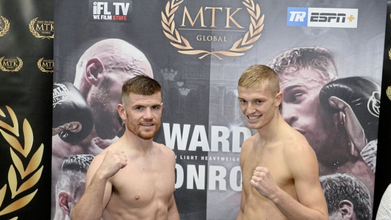 Paddy Gallagher and Liam Wells ahead of their fight at the Ulster Hall.  Picture Mark Marlow. 