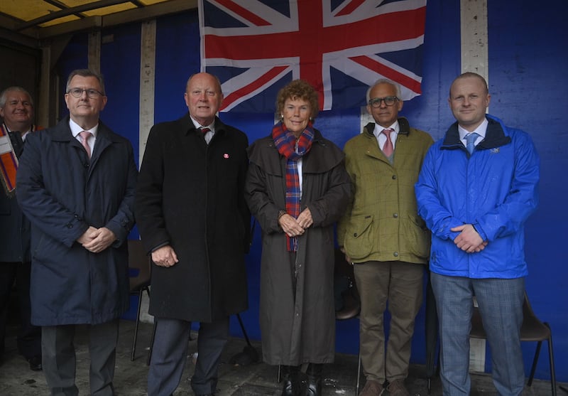 DUP leader Sir Jeffrey Donaldson, TUV leader Jim Allister and Baroness Kate Hoey with Ben Habib and Loyalist spokesperson Jamie Bryson