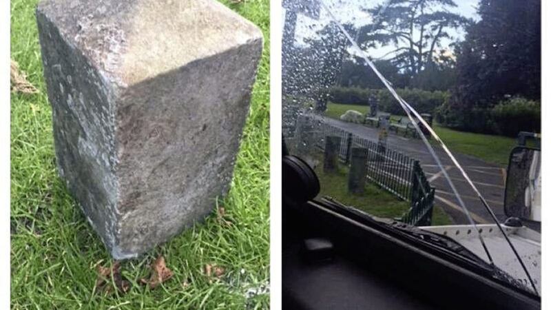 Police said part of a gravestone was thrown at one of its vehicles in Belfast City Cemetery, causing the windscreen to crack. Picture by PSNI/Facebook 