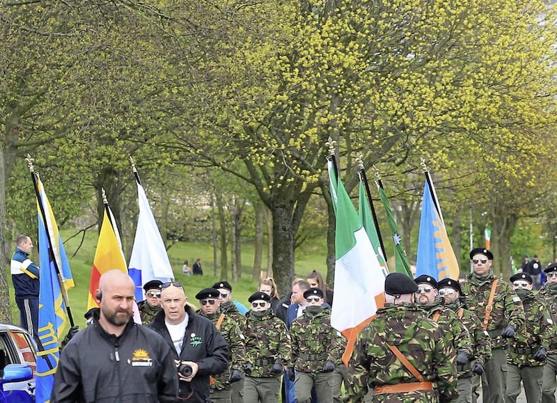 Tricolours and other republican flags lined the route while the letters 'IRA' - referring to the paramilitary grouping also known as the 'New IRA' - were fixed to several lamp posts.&nbsp; Picture Margaret McLaughlin&nbsp;