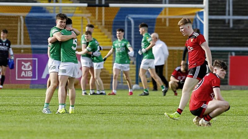 Fermanagh players celebrate at the end of the 2022 Electric Ireland Ulster GAA Football Minor Championship preliminary round between Fermanagh and Down at Brewster Park Picture: Philip Walsh 