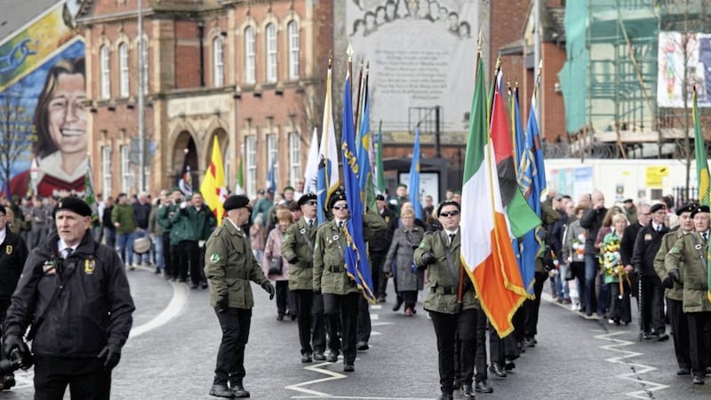 The Provisional IRA&#39;s infamous &#39;D&#39; Company unit held its annual Easter Rising parade along the Falls Road in west Belfast 