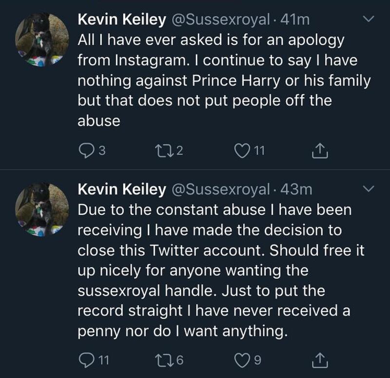 A screen grab of two tweets from the Twitter account @Sussexroyal