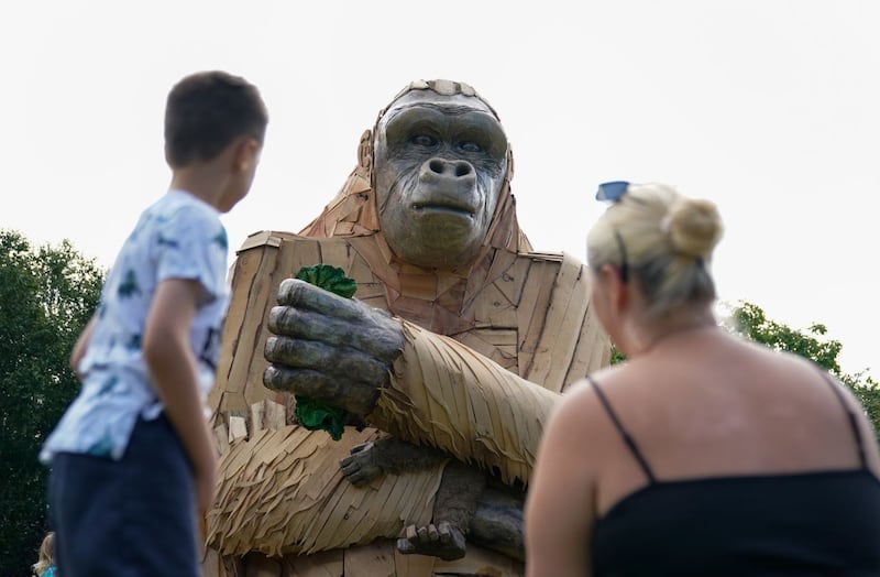 People look up at the giant interactive gorilla sculpture ‘Wilder’, during it’s unveiling to mark the final opening weeks of Bristol Zoo Gardens in Bristol. Picture date: Thursday July 21, 2022