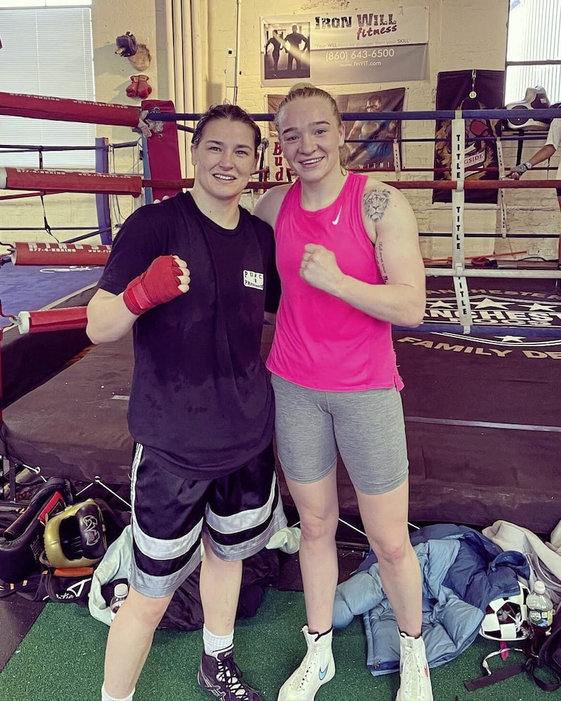 Amy Broadhurst and Katie Taylor after a sparring session in Connecticut, weeks out from the Bray woman&#39;s April showdown with Amanda Serrano 