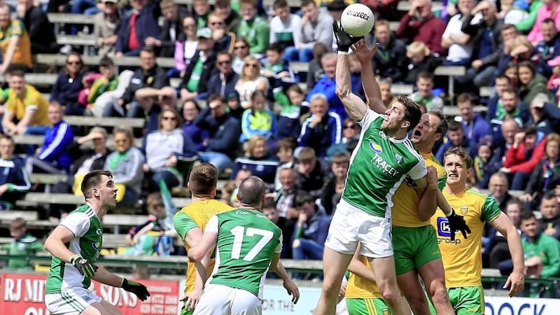 Fermanagh&#39;s Eoin Donnelly and Donegal&#39;s Michael Murphy in action during the Ulster Senior Football Championship quarter-final clash between Fermanagh and Donegal at Brewster Park, Fermanagh on Sunday May 19 2019. Picture by Philip Walsh. 