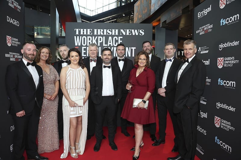 Pictured last night representing sponsors at the Irish News Workplace and Employment Awards were Niall McAleer of Options Technology, Jill Michael of FScom, Connor Diamond of NI Job Finder, Martina Corrigan of Errigal Group, Irish News business editor Gary McDonald, Tiarnan O'Neill of Galgorm, Nial Borthistle of Glandore, Orlagh O'Neill of Carson McDowell, Alistair Stewart of Queen's University Belfast, Christopher Morrow of NI Chamber and Irish News editor Noel Doran. Picture by Hugh Russell
