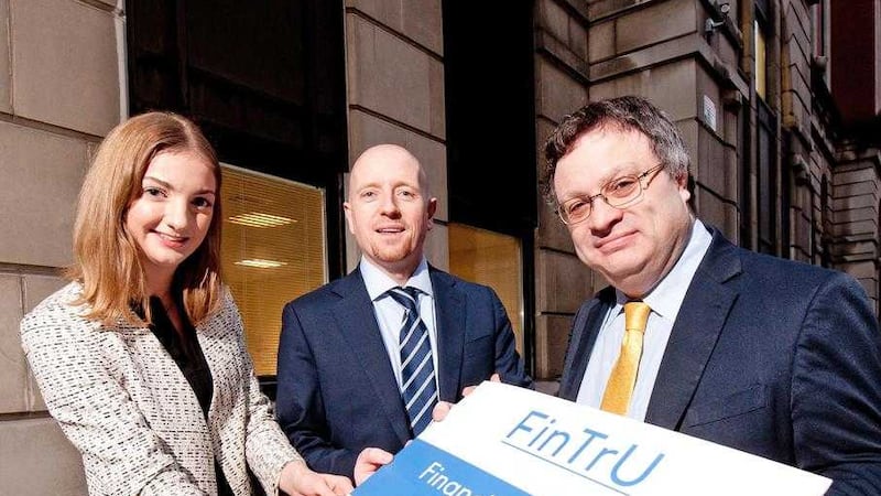 Employment minister Dr Stephen Farry launches the third Financial Services Academy, with Claire Brennan and Stephen Shaw, FinTrU 