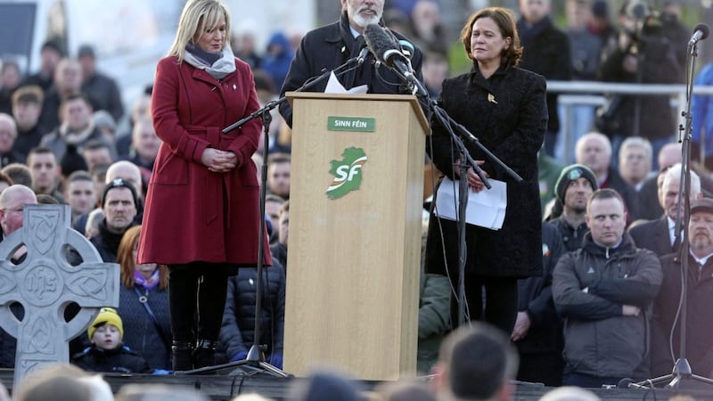 Gerry Adams, Mary Lou McDonald and Michelle O&#39;Neill at the graveside of Martin McGuinness in Derry&#39;s City Cemetery. Picture by Mal McCann 