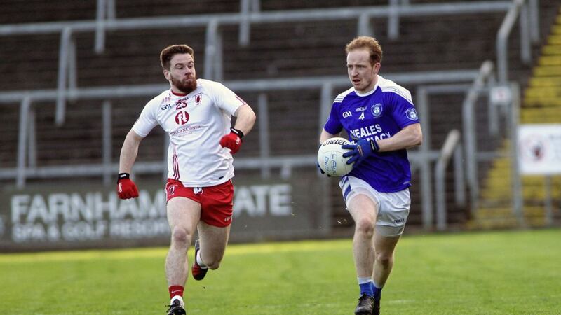 Kevin Meehan (Cavan Gaels) and Ben Rice (Lamh Dhearg) in action during the Ulster Senior Club Football quarter-final at Kingspan Breffini Park. Pictures by Seamus Loughran. 