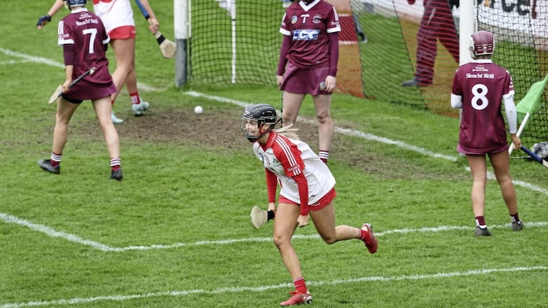 Loughgiel Caitrin Dobbin wheels away to celebrate the teams second goal against Slaughtneil during the Ulster Senior Camogie Club Championship Final at Pairc Esler, Newry on Saturday 19th November 2022. Picture Margaret McLaughlin. 