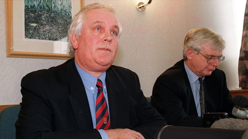 Glenn Barr (left) announces his resignation from the Parades Commission in 1998. On his left is&nbsp;former Parades Commission chairman Allister Graham.&nbsp;Picture by Pacemaker