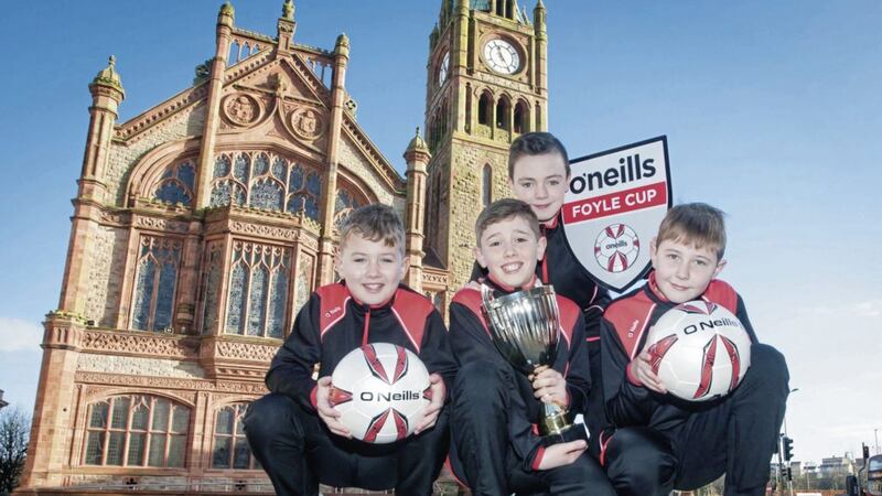 O&rsquo;Neills International Sportswear kicks off a three-year sponsorship of the Foyle Cup &ndash; Europe&rsquo;s largest youth football tournament. Pictured at the launch are: (L-R) Callum Ming, Luke Gallagher, Oisin Devlin and Callum McCay. The O&rsquo;Neills Foyle Cup will see over 370 teams and over 6,500 kids take part in a six day festival of football throughout Derry, Strabane, Limavady and Donegal. 
