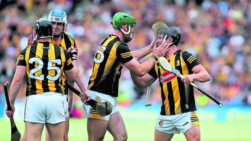  Kilkenny players celebrate at the  final whistle after Sunday's pulsating  All-Ireland SHC semi-final win over  Clare at Croke Park           