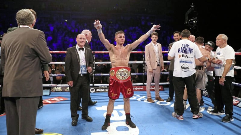 Ryan Burnett celebrates after defeating Lee Haskins to claim the world IBF bantamweight title at the SSE Arena in Belfast on Saturday night Picture: PA 