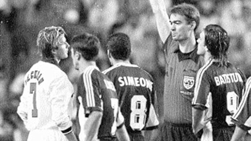 David Beckham is shown the red card during the England v Argentina clash at the France &#39;98 World Cup 