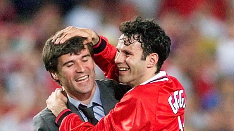 Manchester United's suspended captain Roy Keane (left) hugs Ryan Giggs, after United defeat Bayern Munich in their Champions League final football match, at the Nou Camp stadium in 1999&nbsp;
