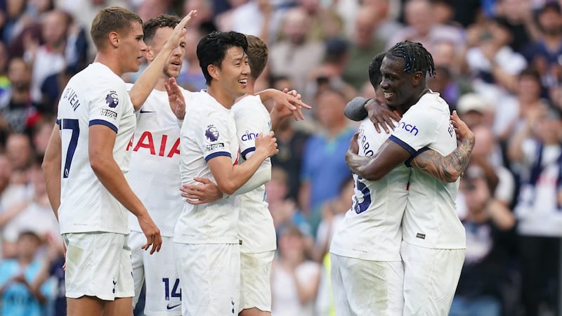 Tottenham Hotspur’s Son Heung-min (centre) celebrates with teammates after their side’s second goal of the game during the Premier League match at the Tottenham Hotspur Stadium, London. Picture date: Saturday August 19, 2023.