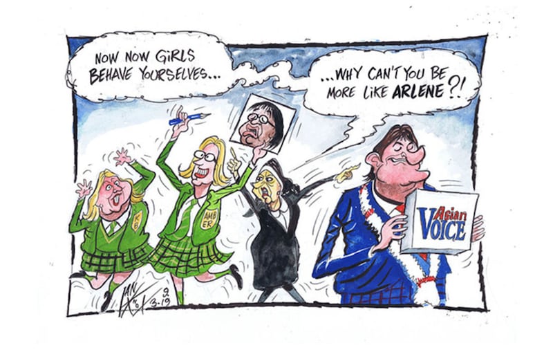 Ian Knox cartoon 13/3/19: Wilder, wackier but not so funny as the Derry Girls, Amber Rudd and Karen Bradley cause embarrassment to Mother Theresa by referring to Diane Abbott as &ldquo;coloured&rdquo;, and describing the security forces murders of innocent Catholics as &ldquo;dignified&quot;. The award that everyone was looking out for, 'Asian Voice Female Politician of the Year' is carried off by who else but Arlene Foster&nbsp;