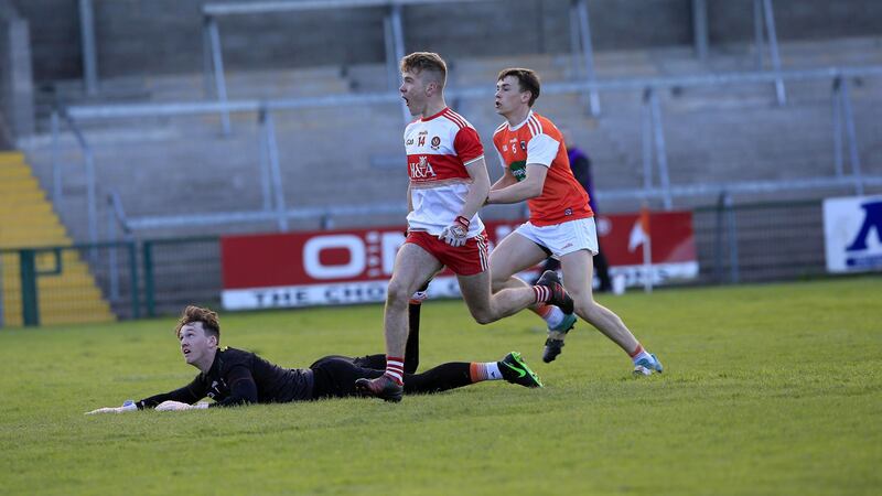 Derry Minor PJ McAleese celebrates his coolly taken goal against Armagh on Saturday evening.&nbsp;