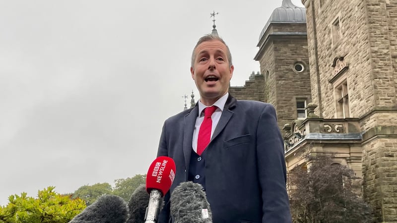 Democratic Unionist Party (DUP) Assembly member Paul Givan speaking outside Stormont Castle after holding a meeting with the head of the NI Civil Service Jayne Brady
