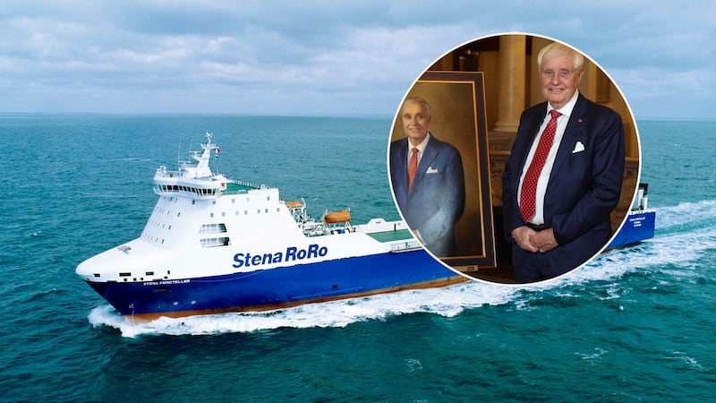 Stena Line ferry at sea with an inset portraint of the ferry operator's owner and chairman, Dan Sten Olsson.