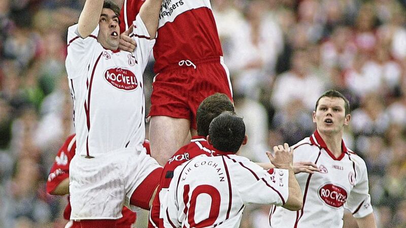 Derry's Fergal Doherty in a midfield battle with Tyrone's Joe McMahon during the 2006 Ulster SFC encounter. The sides meet again this Sunday in this year's preliminary round clash