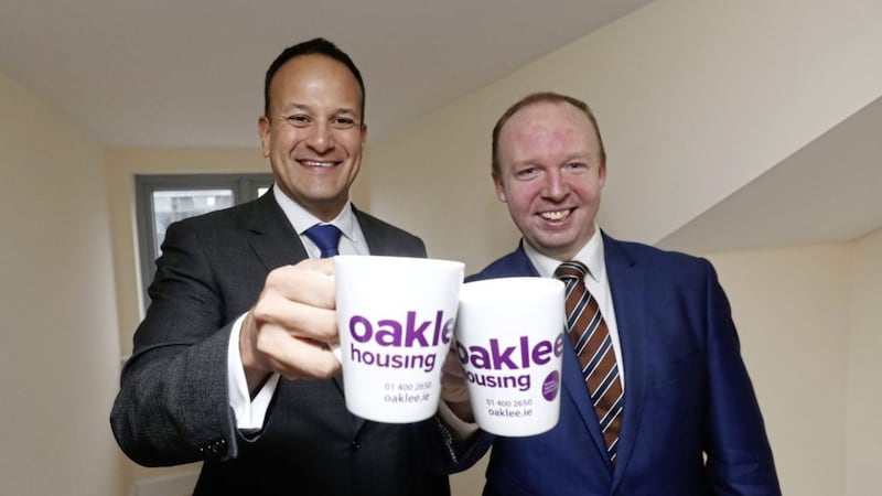 Taoisech Leo Varadkar and TD Noel Rock at the opening of a new Housing Development by the Oaklee Housing Association in Ballymun, Dublin. PRESS ASSOCIATION Photo. Picture date: Monday November 5, 2018. See PA story IRISH Brexit Varadkar. Photo credit should read: Niall Carson/PA Wire. 