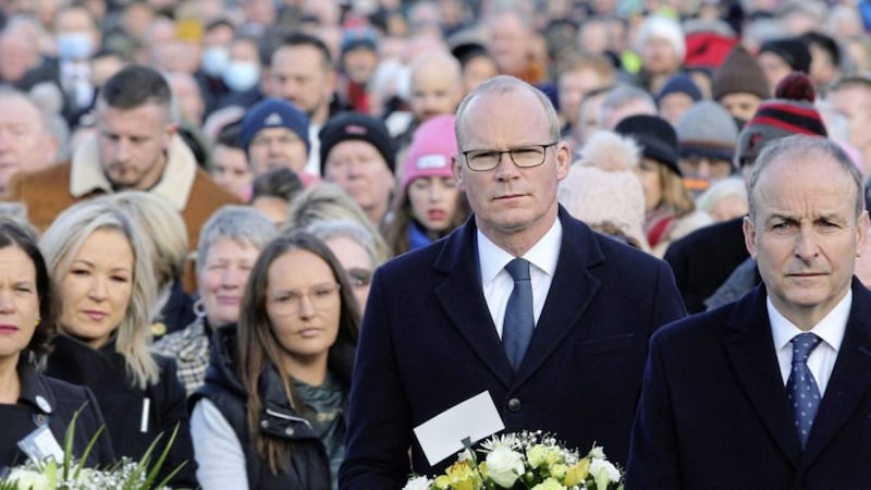 Taoiseach Miche&aacute;l Martin and Minister for Foreign Affairs, Simon Coveney attended the Bloody Sunday Memorial service in the Derry&#39;s Bogside on Sunday morning as well as Sinn F&eacute;in president, Mary Lou McDonald and deputy first minister, Michelle O&#39;Neill. Picture by Margaret McLaughlin 