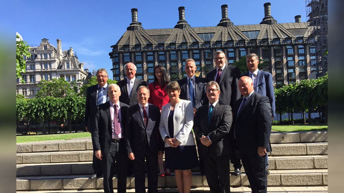 The DUP MPs plus party leader Arlene Foster at Westminster today. Picture from Arlene Foster on Twitter