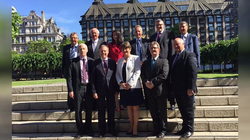 The DUP MPs plus party leader Arlene Foster at Westminster today. Picture from Arlene Foster on Twitter