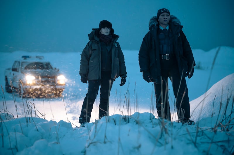 Jodie Foster as Liz Danvers and Kali Reis as Evangeline Navarro in snowy scene from True Detective: Night Country
