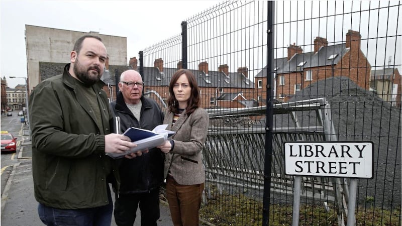 Frank Dempsey, MLA Nichola Mallon and councillor Paul McCusker in north Belfast. Picture by Hugh Russell. 