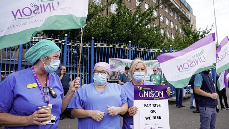 Unison members protesting outside the Royal Victoria Hospital in Belfast last month. 