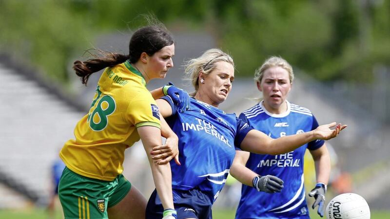 Donegal goalscorer Susanne White grapples for possession with Cavan&#39;s Miona Sheridan and Laura Fitzpatrick during the Ulster LGFA Football Senior Championship semi-final at Clones  Picture: Philip Walsh 