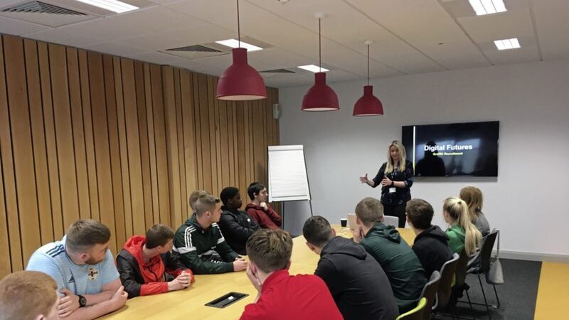 Julie McGrath, managing director of Graffiti Recruitment, taking a digital skills workshop at the Innovation Factory in west Belfast 