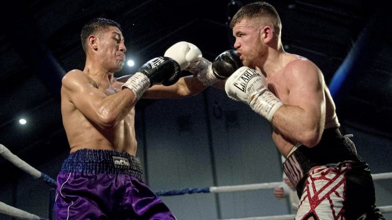 Belfast&#39;s Paddy Gallagher defeats Fernando Valencia at The Titanic exhibition centre. Picture Mark Marlow. 