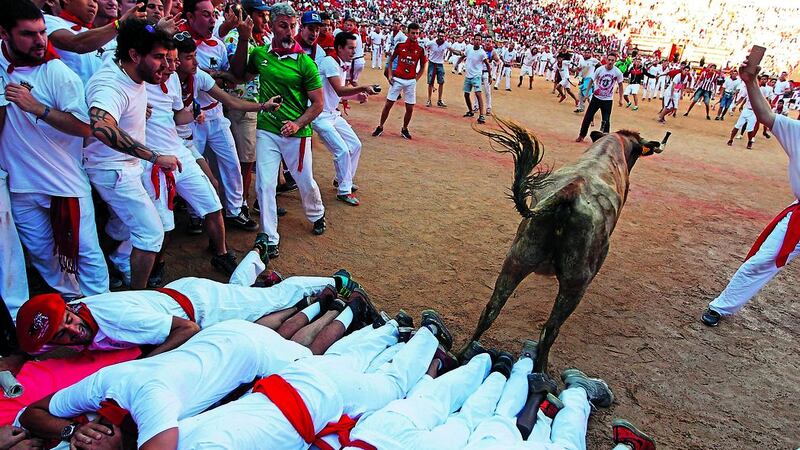A bull jumps over revellers on the ground of the bullring at the San Fermin Festival in Pamploma, Spain<br />PICTURE: Alvaro Barrientos/AP
