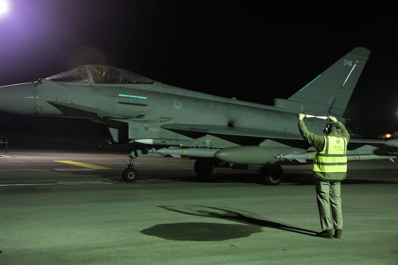 An RAF Typhoon FGR4 aircraft prepares to take-off to conduct further strikes against Houthi targets