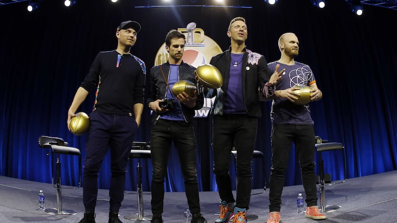 Coldplay members Jonny Buckland, Guy Berryman, Chris Martin and Will Champion at press conference ahead of their appearance at the NFL Super Bowl 50 football game. Picture by Matt Slocum, Associated Press&nbsp;