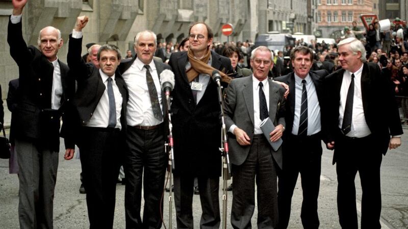 The Birmingham Six, John Walker, Paddy Hill, Hugh Callaghan, with Chris Mullen MP, Richard McIlkenny, Gerry Hunter and William Power. A botched police investigation led to their wrongful convictions