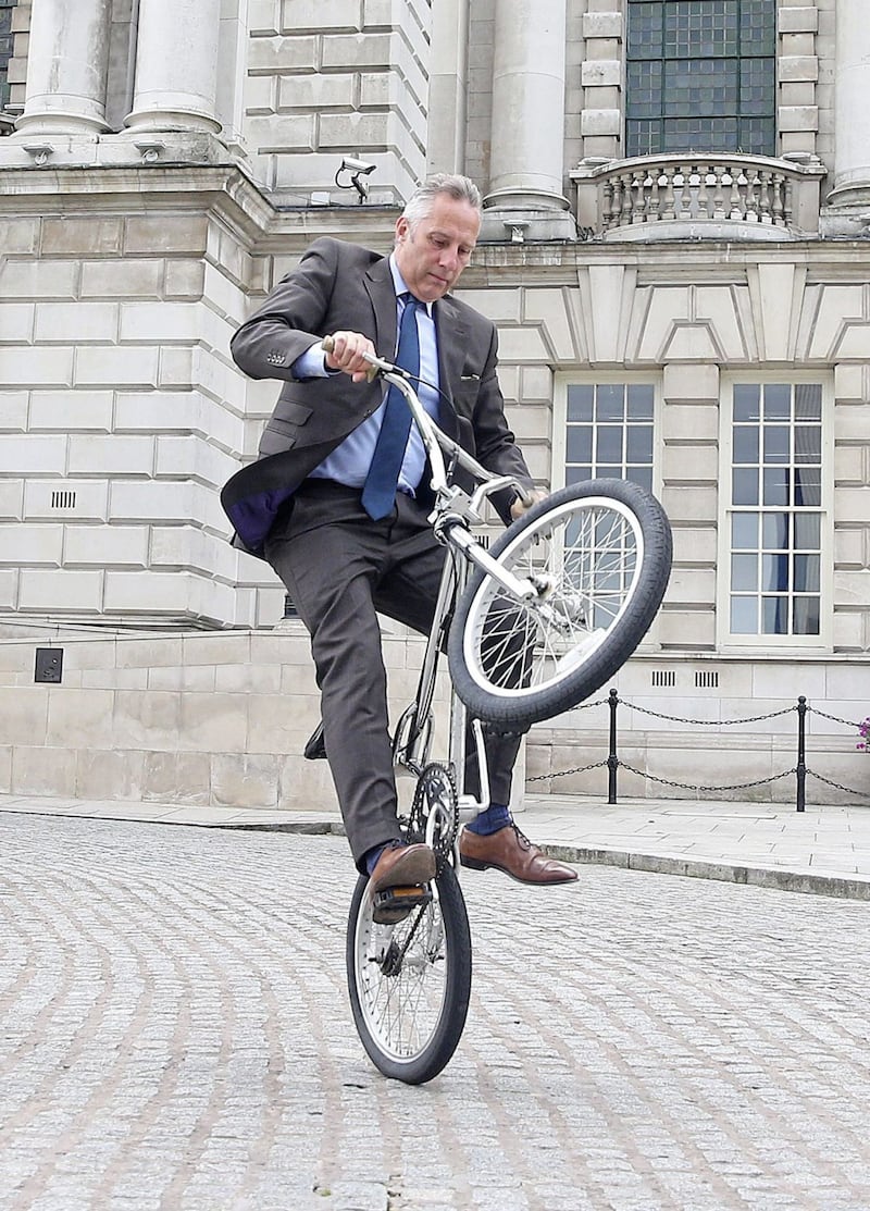 Ian Paisley pulls a wheelie at a Bike to Work Day event in Belfast. Picture by Mal McCann 