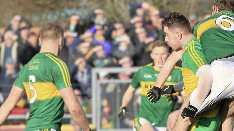 Donegal&#39;s Paddy McBrearty with Killian Young of Kerry during Sunday&#39;s NFL match at Letterkenny Picture Margaret McLaughlin 