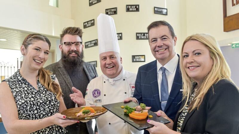 L-R: Patricia Kingston, Tourism NI; Joel Neil, Hospitality Ulster; Sean Owens, director of IFEX Salon Culinaire; Glyn Roberts, chief executive of Retail NI, and Caroline McCusker, IFEX event manager. Picture by Simon Graham 