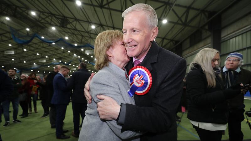 Gregory Campbell celebrates his election with his wife at Meadowbank Sports Arena in Magherafelt, Co Derry. Picture by Niall Carson/PA Wire&nbsp;