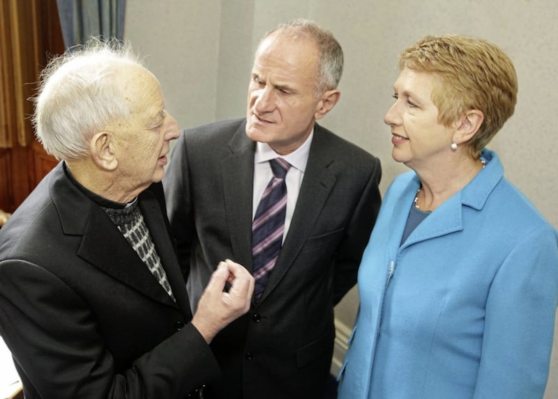 Mary McAleese with husband Martin and Fr Alec Reid at Clonard Monastery in west Belfast. Picture by Cliff Donaldson 