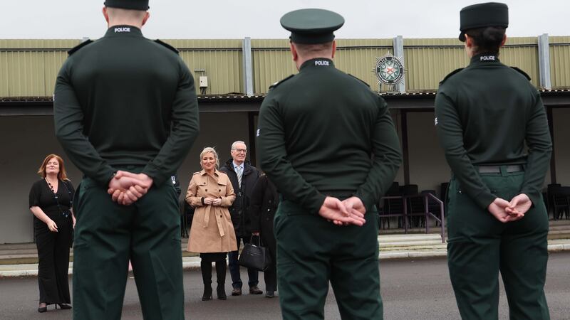 First Minister Michelle O'Neill  and Gerry Kelly during the Police Service of Northern Ireland’s attestation ceremony for six newly qualified officers at Garnerville Police College  on Friday.
Sinn Féin attended a PSNI graduation ceremony for the first time.
Picture: COLM LENAGHAN