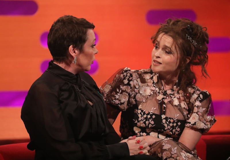 Olivia Colman (left) and Helena Bonham Carter while filming The Graham Norton Show 