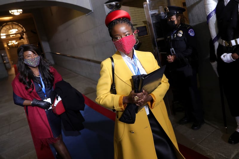National youth poet laureate Amanda Gorman arrives at the inauguration of Joe Biden on the West Front of the US Capitol in Washington